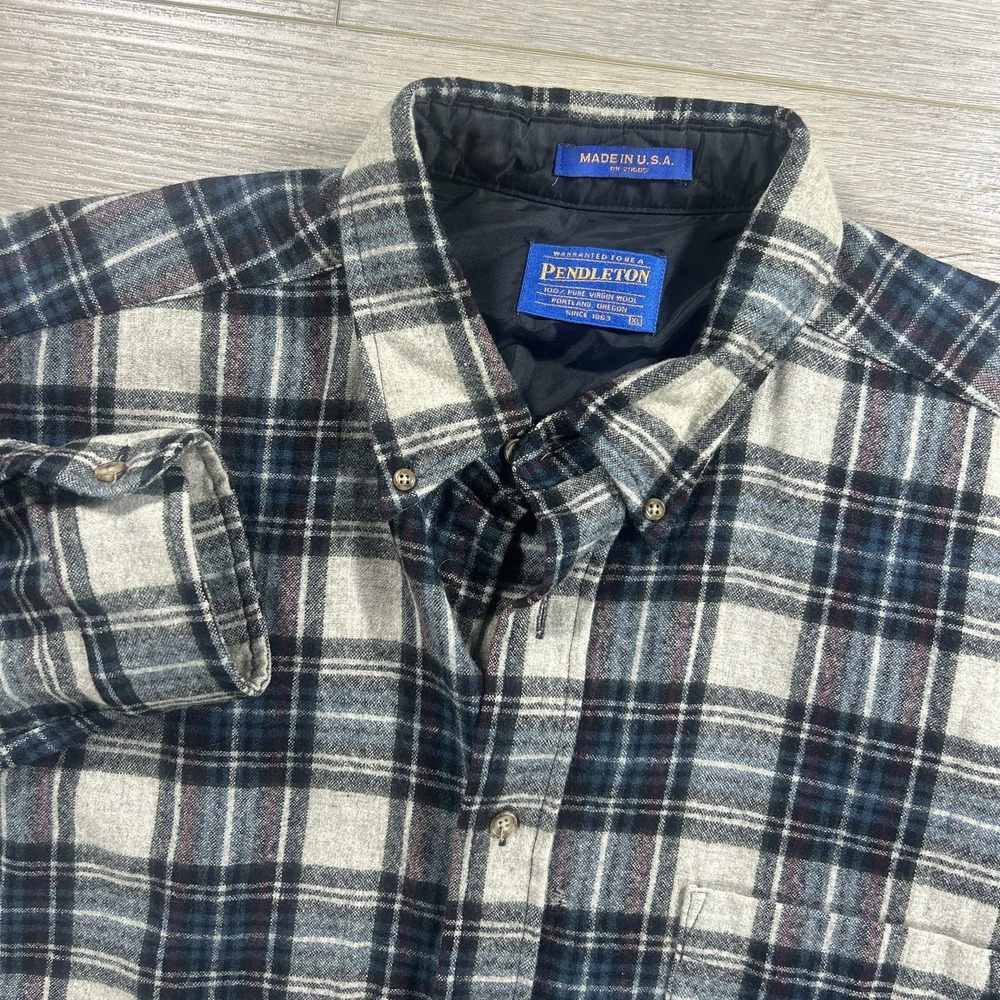 Pendleton XL Wool Flannel Plaid Shirt USA Blue Gray Red Blue Nature Outdoor